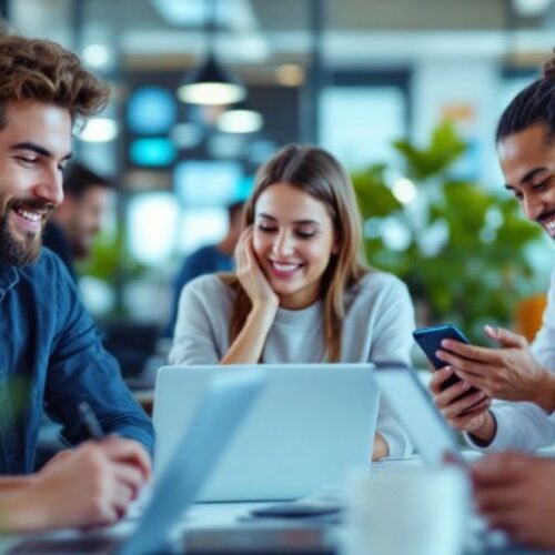 Gambar profesional bekerja sama di kantor modern.