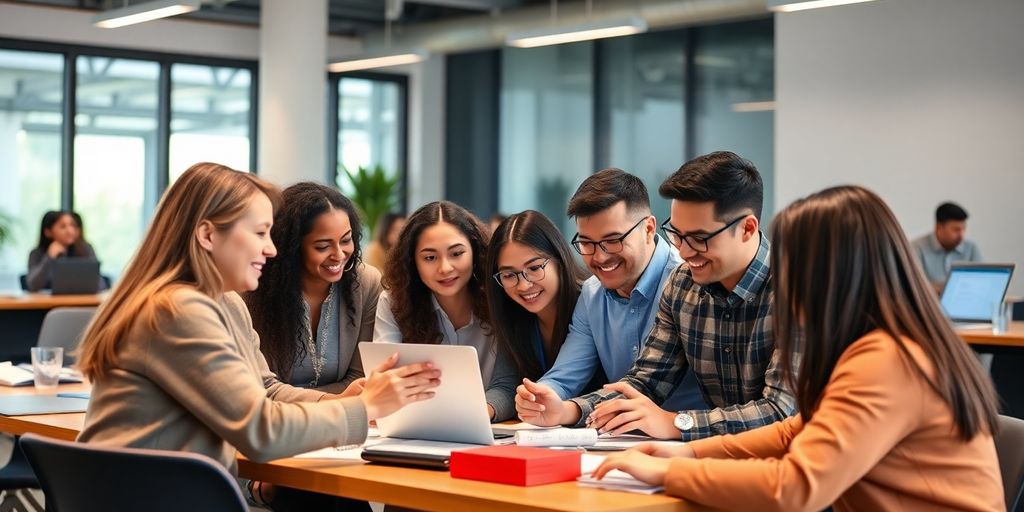 Karyawan berkolaborasi dalam sesi pelatihan modern.